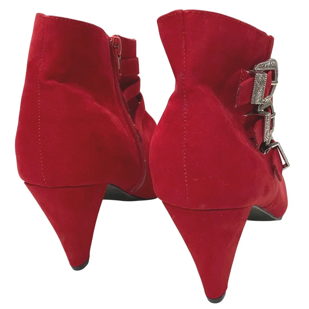 Red Faux Suede Western Ankle Boots Womens Size 10 Cowgirl Rodeo Boho Bootie Bold